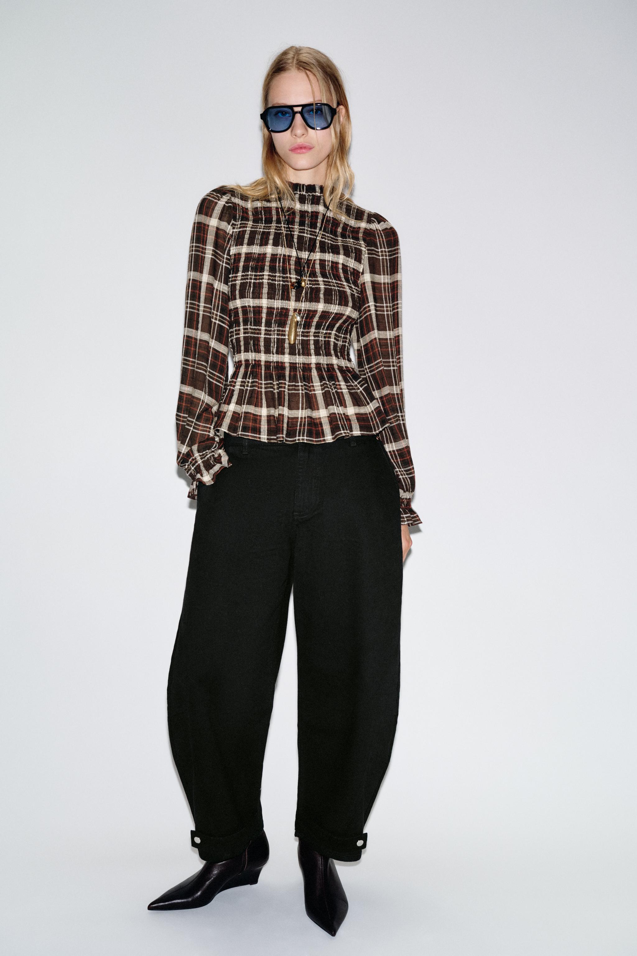 SMOCKED PLAID SHIRT